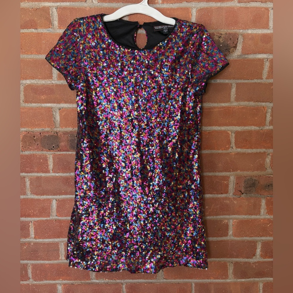Three Pink Hearts Girls Size M Rainbow Sequin Sparkle Short Sleeve Party Dress